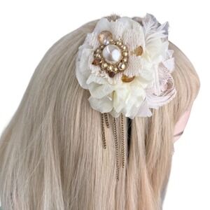 Handmade Floral Headband Lace Pearl Chain Fascinator Coquette Victorian Cream OS